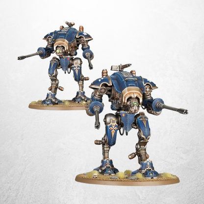 Warhammer 40.000 Imperial Knights: Knappen (54-20) mit zwei bemalten Knight-Armiger-Miniaturen.