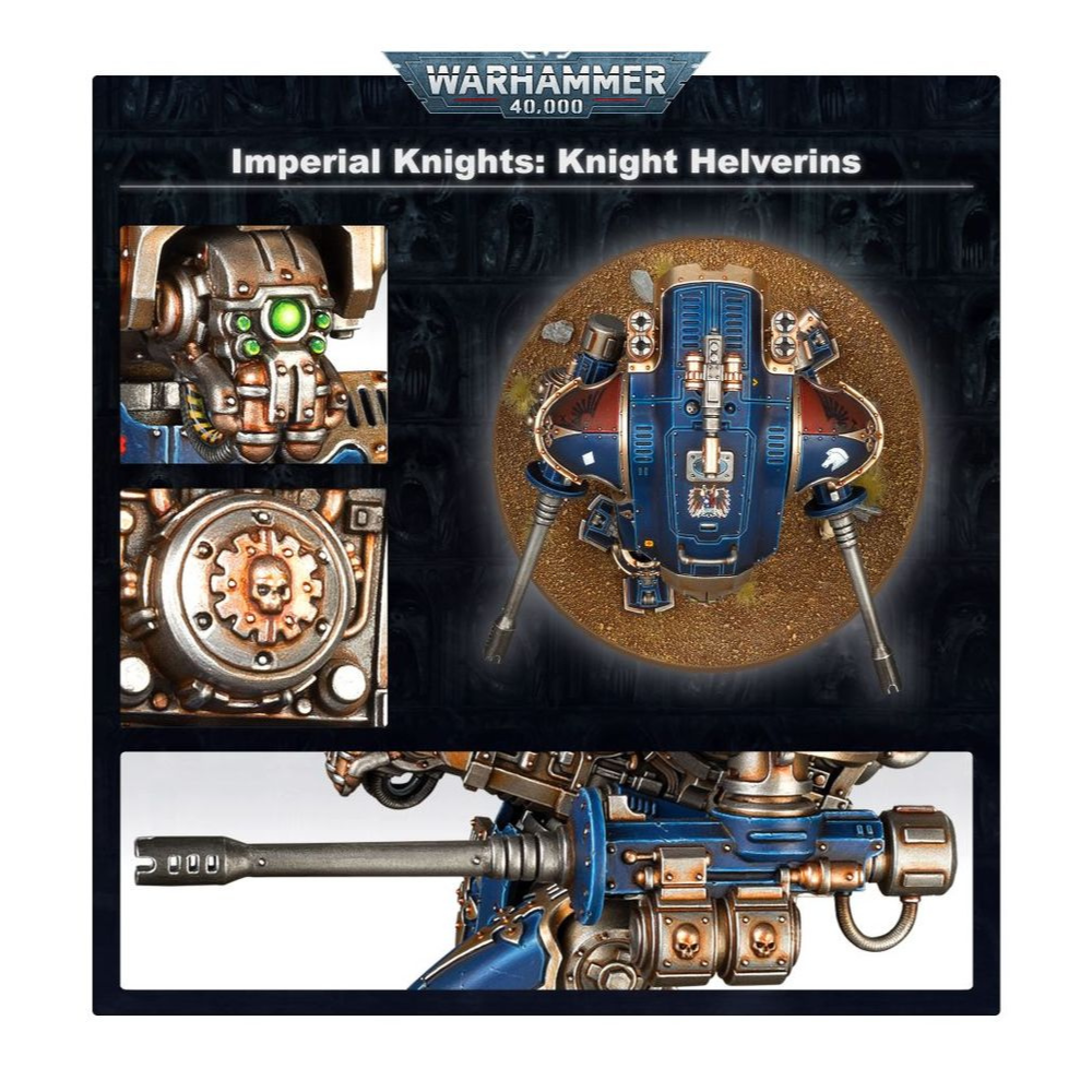 Warhammer 40.000 Imperial Knights: Knappen (54-20) mit Detailansichten der Miniaturen und Waffenoptionen.