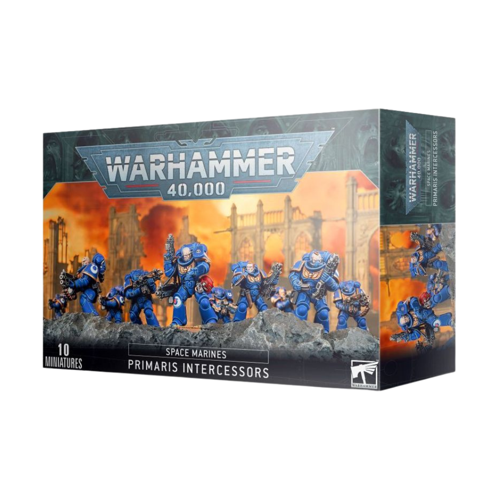 Warhammer 40k Primaris Intercessors Set Box und bemalte Space Marines Infanterieeinheiten mit Boltern und blauer Rüstung