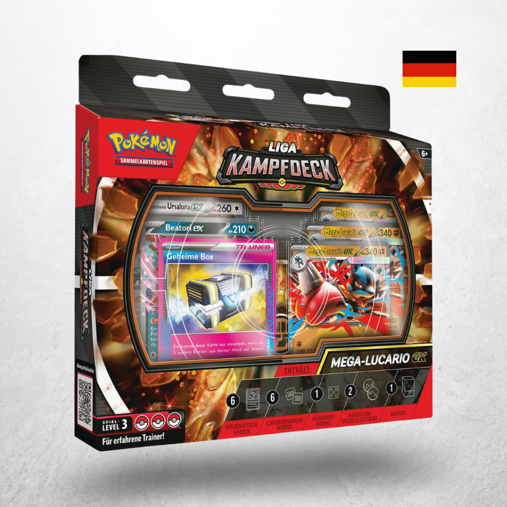Pokémon Liga Kampf Deck Mega Lucario ex in deutscher Sprache mit spielbereitem Deck und Zubehör für erfahrene Trainer.