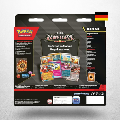 Rückseite des Pokémon Liga Kampf Decks Mega Lucario ex mit Deckliste und enthaltenem Zubehör in deutscher Sprache.