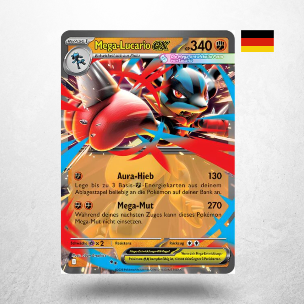 Deutsche Promokarte Mega Lucario ex aus dem Pokémon Liga Kampf Deck mit 340 KP und Kampf-Typ.