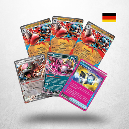 Ausgelegte Karten aus dem Pokémon Liga Kampf Deck Mega Lucario ex mit mehreren Mega Lucario ex und Trainerkarten.