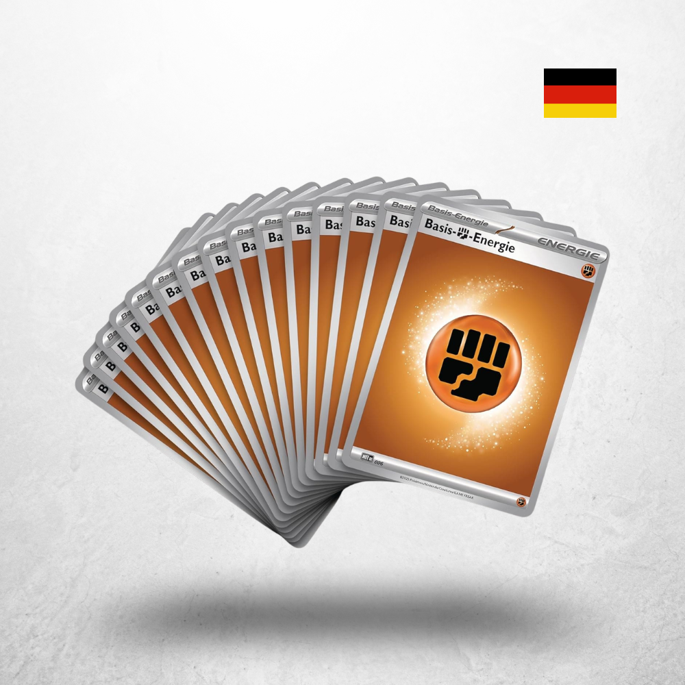 Fächer aus Basis-Kampf-Energiekarten aus dem Pokémon Liga Kampf Deck Mega Lucario ex in deutscher Sprache.