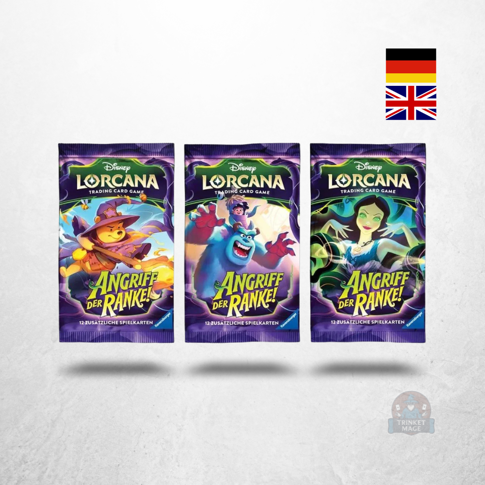 Drei Booster-Motive des Disney Lorcana Angriff der Ranke Booster Displays (24) in deutscher und englischer Sprache.