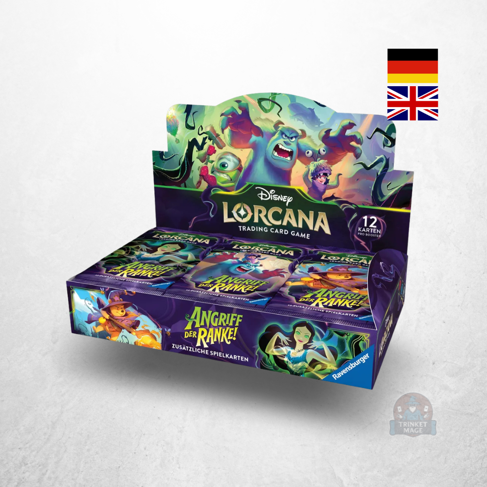 Disney Lorcana Angriff der Ranke Booster Display (24) mit geöffnetem Display und Boostern in deutscher und englischer Sprache.