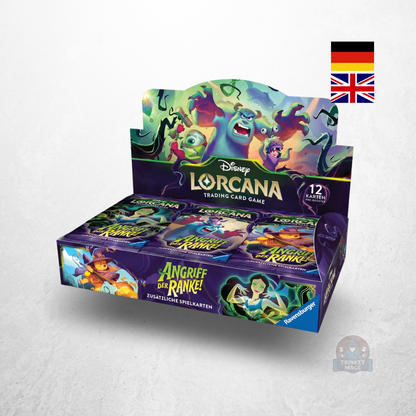 Disney Lorcana Angriff der Ranke Booster Display (24) mit geöffnetem Display und Boostern in deutscher und englischer Sprache.