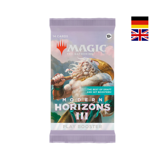 Magic: The Gathering Modern Horizons 3 Play Booster – Produktbild des Boosters mit ikonischem Löwenkrieger-Artwork, 14 Karten pro Pack. Offizielles MTG Universes Beyond Boosterpack für Spieler und Sammler.