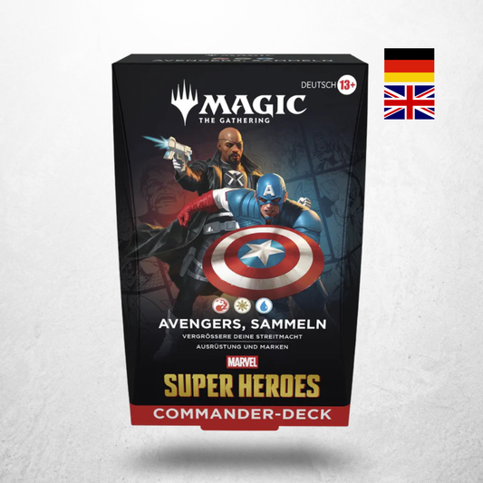 Magic: The Gathering Marvel Super Heroes Commander Deck Avengers, sammeln mit Captain America und Nick Fury auf deutscher Verpackung