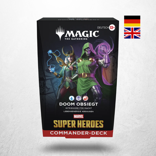 Magic: The Gathering Marvel Super Heroes Commander Deck Doom obsiegt mit Doctor Doom und Loki auf deutscher Verpackung