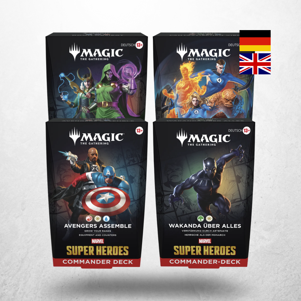 Magic: The Gathering Marvel Super Heroes Commander Deck Set mit Doom obsiegt, Die fantastischen Vier, Avengers sammeln und Wakanda über alles auf Verpackungen dargestellt
