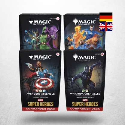 Magic: The Gathering Marvel Super Heroes Commander Deck Set mit Doom obsiegt, Die fantastischen Vier, Avengers sammeln und Wakanda über alles auf Verpackungen dargestellt
