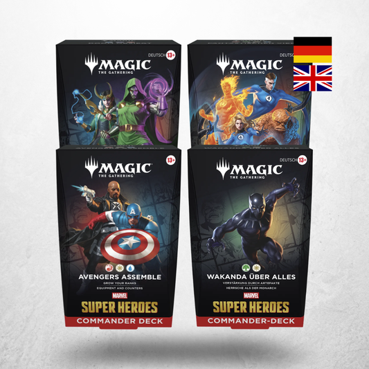 Magic: The Gathering Marvel Super Heroes Commander Deck Set mit Doom obsiegt, Die fantastischen Vier, Avengers sammeln und Wakanda über alles auf Verpackungen dargestellt