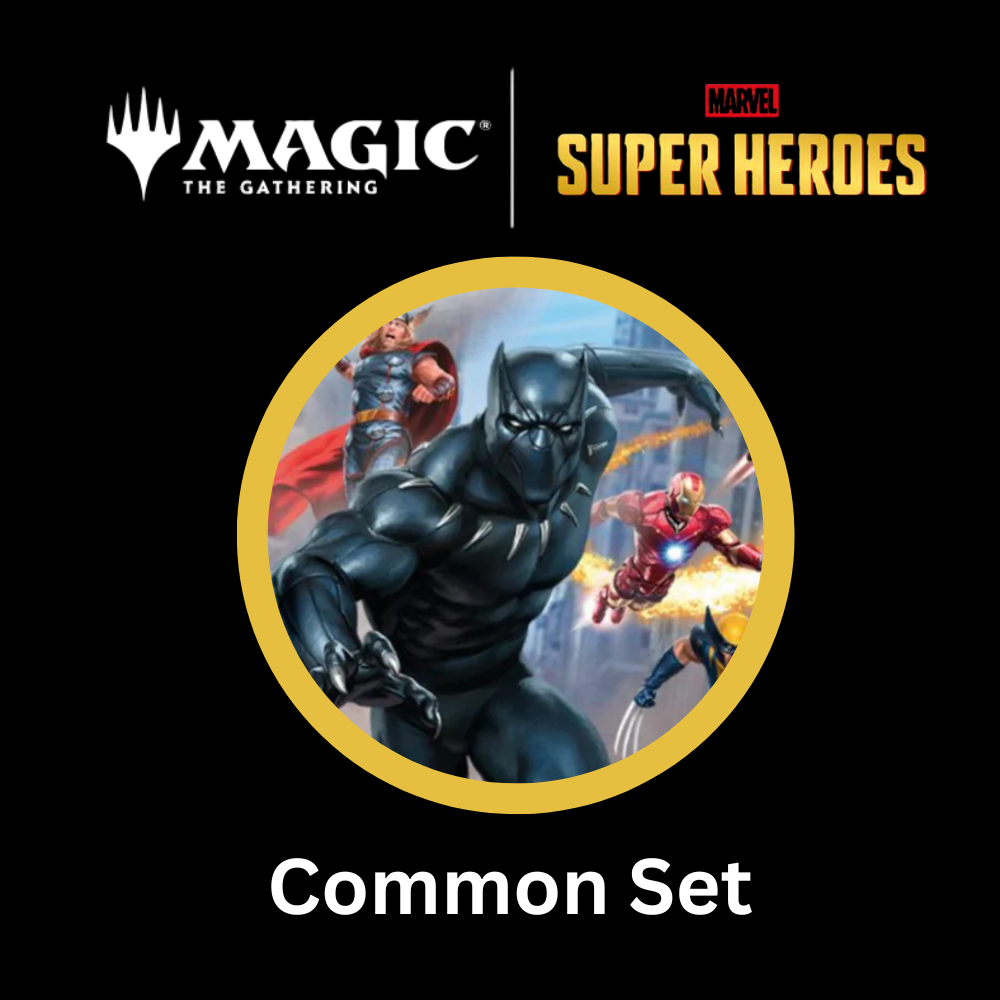 Magic Set Marvel Super Heroes Common Set mit Motiv von Black Panther sowie weiteren Marvel-Helden als Sammelkarten-Set.