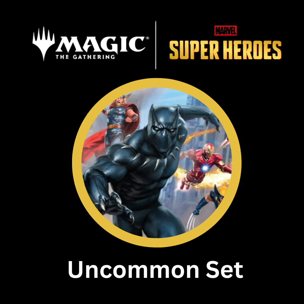 Magic Set Marvel Super Heroes Uncommon Set mit Motiv von Black Panther sowie weiteren Marvel-Helden als Sammelkarten-Set.