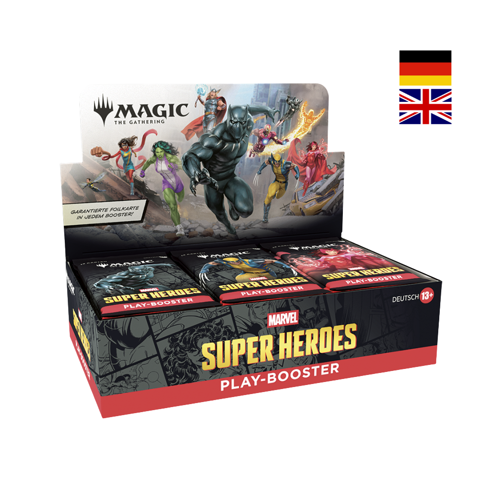 Magic: The Gathering Marvel Super Heroes Play Booster Display mit deutschen und englischen Boosterpacks im Comic-Design