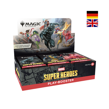 Magic: The Gathering Marvel Super Heroes Play Booster Display mit deutschen und englischen Boosterpacks im Comic-Design