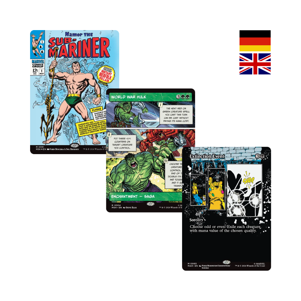 Extended Art Karten aus Magic: The Gathering Marvel Super Heroes mit Namor, Hulk und Comic-Style-Artworks