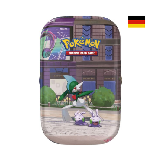 Pokémon Lumiose City Mini Tin Gallade auf Deutsch mit Sammlerbox im Stadtmotiv und Galagladi sowie Viscora auf der Vorderseite