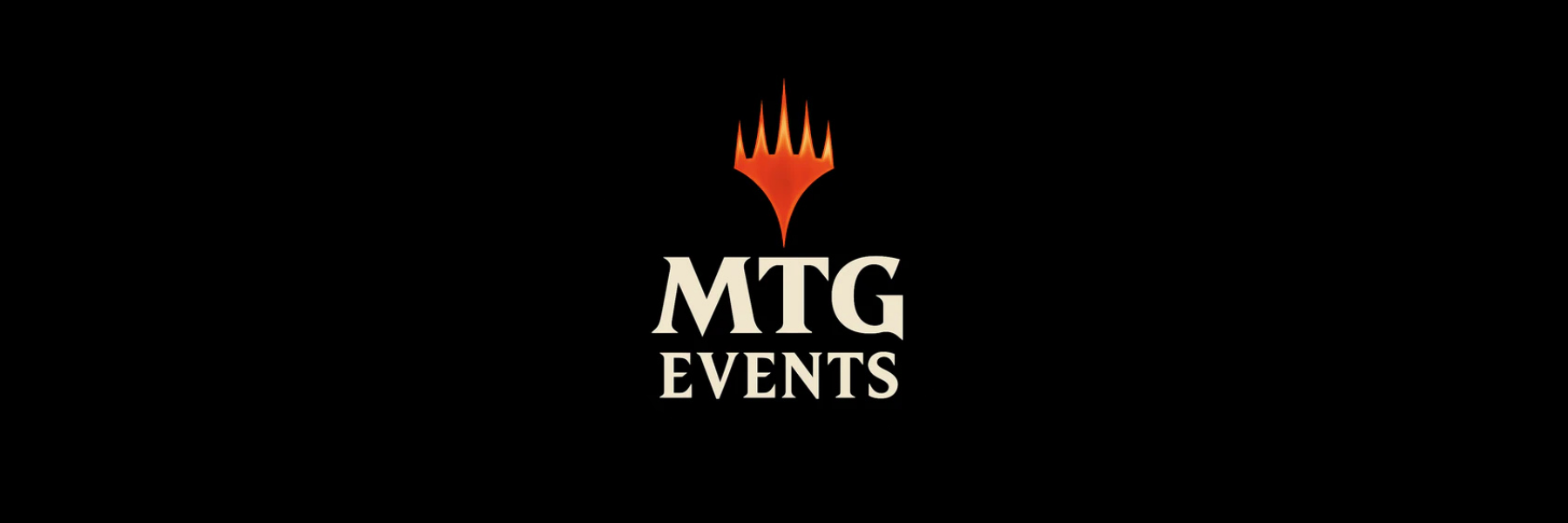 Magic: The Gathering Events Banner mit orangefarbenem Planeswalker-Symbol auf schwarzem Hintergrund – Übersichtsgrafik für alle MTG-Turniere und Veranstaltungen.