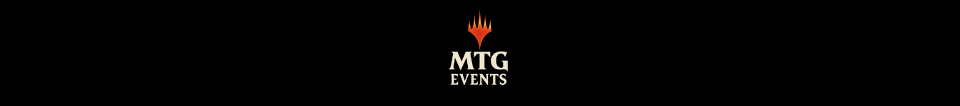 Magic: The Gathering Events Banner mit orangefarbenem Planeswalker-Symbol auf schwarzem Hintergrund – Übersichtsgrafik für alle MTG-Turniere und Veranstaltungen.