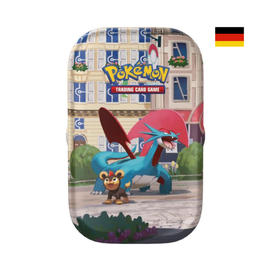 Pokémon Illumina City Mini Tin Brutalanda auf Deutsch mit Sammlerbox im Stadtmotiv und Brutalanda auf der Vorderseite der Box