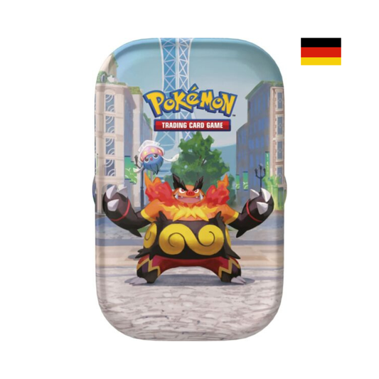 Pokémon Illumina City Mini Tin Flambirex auf Deutsch mit Sammlerbox im Stadtmotiv und Flambirex auf der Vorderseite der Box