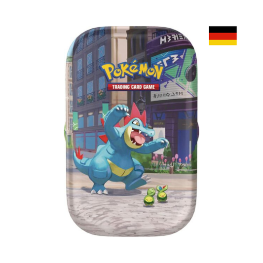 Pokémon Illumina City Mini Tin Impergator auf Deutsch mit Sammlerbox im Stadtmotiv und Impergator auf der Vorderseite der Box