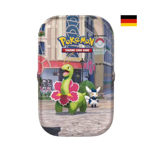 Pokémon Illumina City Mini Tin Meganie auf Deutsch mit Sammlerbox im Stadtmotiv und Meganie auf der Vorderseite der Box