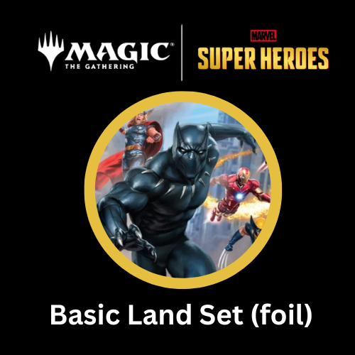Magic Set Marvel Super Heroes Classic Basic Land Set (foil) Cover mit Marvel Super Heroes Motiv auf schwarzem Hintergrund.