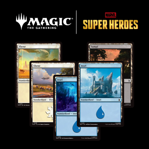 Magic Set Marvel Super Heroes Classic Basic Land Set mit fünf Standardlandkarten der Typen Ebene, Insel und Sumpf.