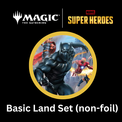 Magic Set Marvel Super Heroes Classic Basic Land Set (non-foil) Cover mit Marvel Super Heroes Motiv auf schwarzem Hintergrund.
