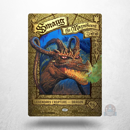 Smaug the Magnificent als limitierte Magic: The Gathering – Der Hobbit Karte mit goldfarbenem Kartenrahmen und Drachenmotiv.