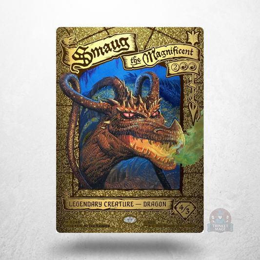 Smaug the Magnificent als limitierte Magic: The Gathering – Der Hobbit Karte mit goldfarbenem Kartenrahmen und Drachenmotiv.
