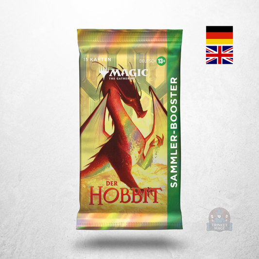 Magic: The Gathering – Der Hobbit Collector Booster mit Smaug in deutscher und englischer Sprachversion vor hellem Hintergrund.