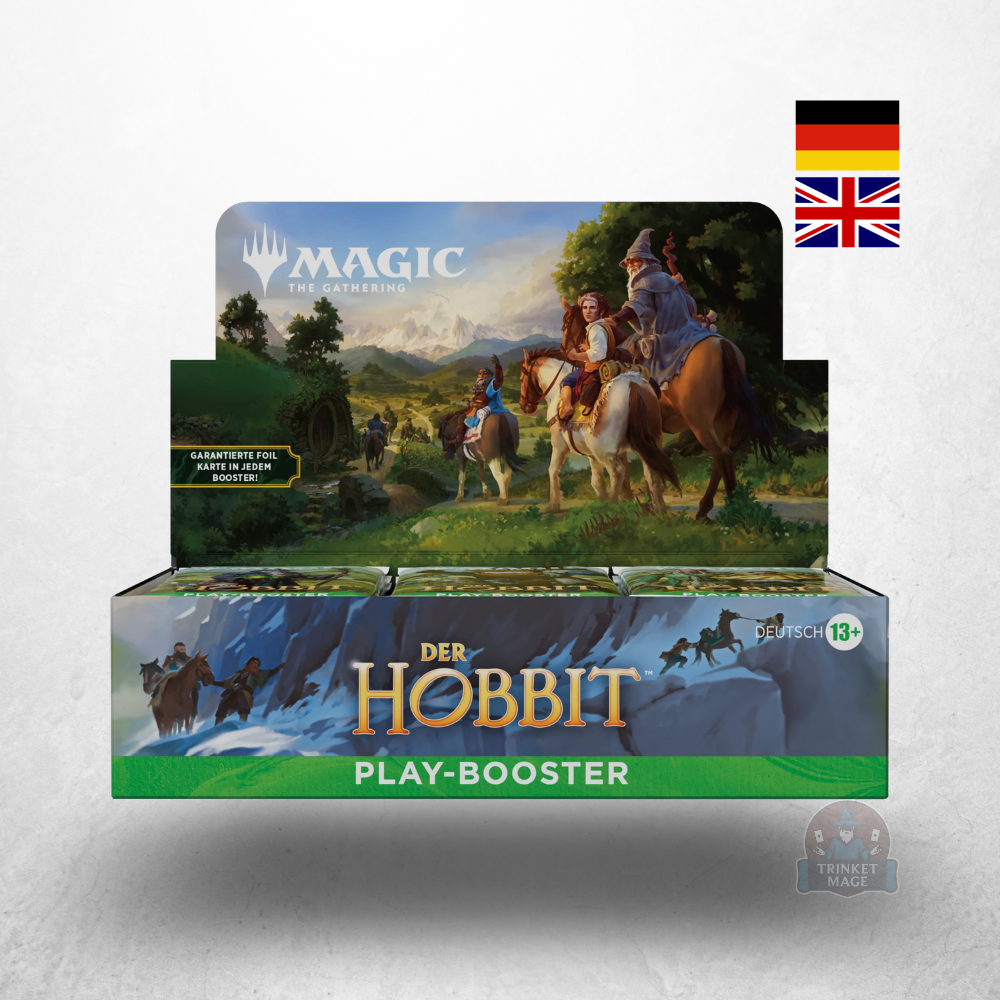 Magic: The Gathering – Der Hobbit Play Booster Display mit 30 Play Boostern in geöffneter Displayverpackung auf Deutsch und Englisch.