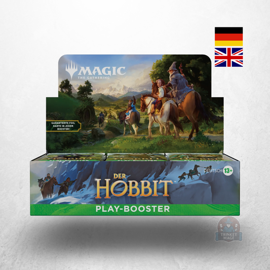 Magic: The Gathering – Der Hobbit Play Booster Display mit 30 Play Boostern in geöffneter Displayverpackung auf Deutsch und Englisch.