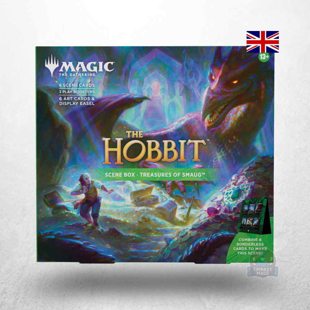 Magic: The Gathering – The Hobbit Scene Box Treasures of Smaug in englischer Sprache mit Produktverpackung auf weißem Hintergrund.