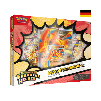 Pokémon Mega-Flambirex-ex Kollektion Erhabene Helden deutsch Box mit Promo-Karte, Boosterpacks und Zubehör