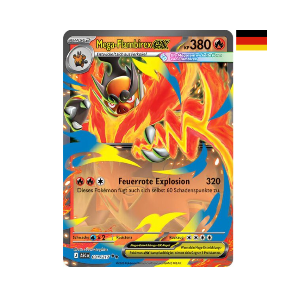 Pokémon Mega-Flambirex ex Karte deutsch Phase 2 Feuer-Pokémon 380 KP Sammelkarte aus Erhabene Helden Set