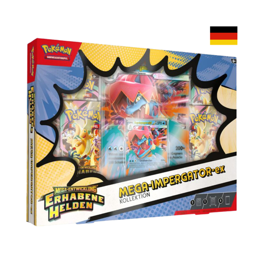 Pokémon Mega-Impergator ex Kollektion Box deutsch Erhabene Helden mit Promo Karte, Boosterpacks und Zubehör Set