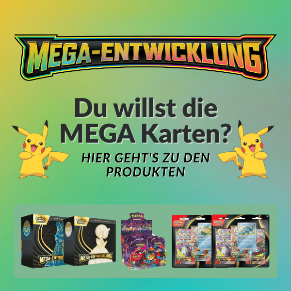 Pokemon Mega-Entwicklung Vorverkauf mit Top-Trainer-Box, Booster-Display und Blisterpacks vor buntem Hintergrund