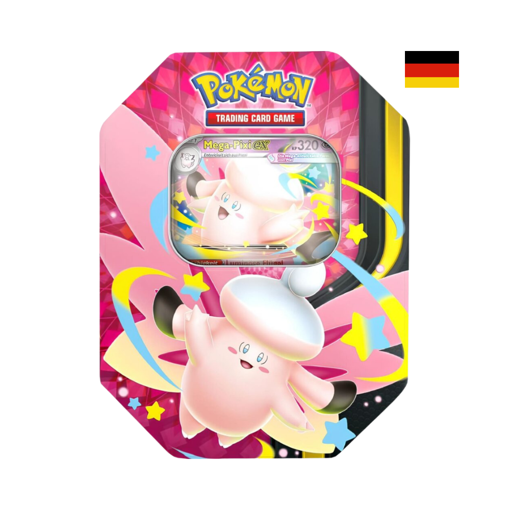 Pokémon Mega Mondschein Tin-Box Mega-Pixi-ex auf Deutsch mit Promokarte Mega-Pixi-ex, Sammlerbox und Boosterpacks des Pokémon TCG