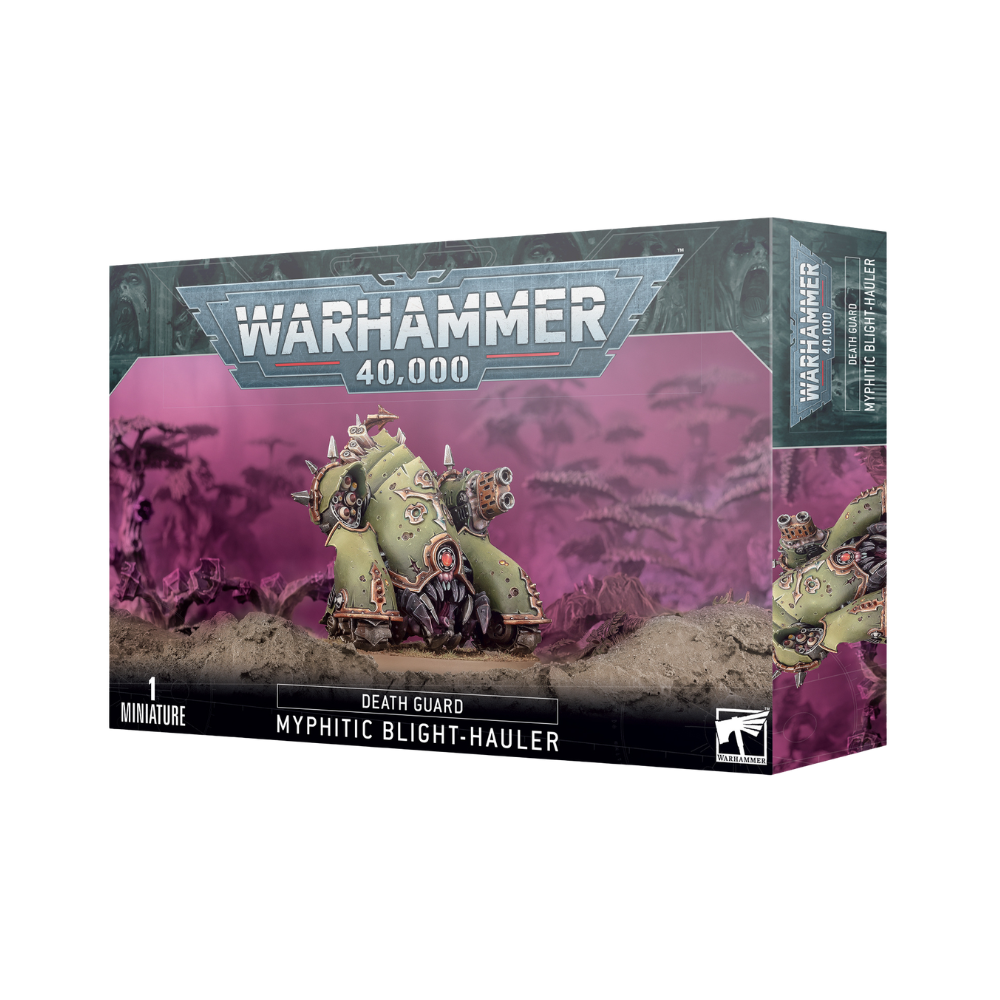 Warhammer 40k Death Guard Myphitic Blight-Hauler Miniatur Box und bemaltes Modell, grüne dämonische Kampfmaschine mit Kanonen und Nurgle-Details