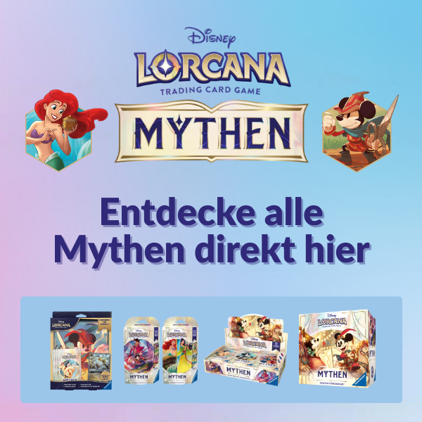 Disney Lorcana Mythen Erweiterung – Übersicht mit Starter Decks, Boosterpacks, Geschenkset und Displays vor pastellfarbenem Hintergrund