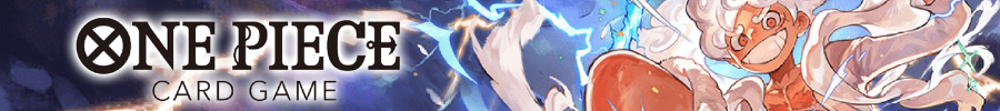One Piece Card Game Banner mit Luffy in Gear 5 und dynamischen Blitzeffekten