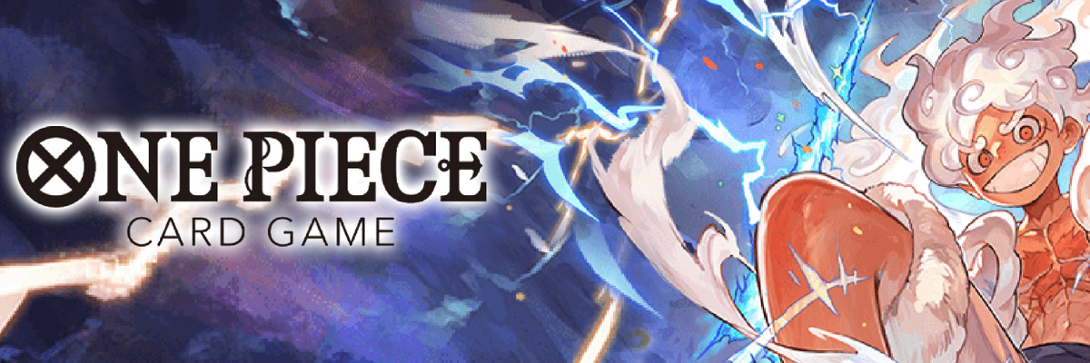 One Piece Card Game Banner mit Luffy in Gear 5 und dynamischen Blitzeffekten
