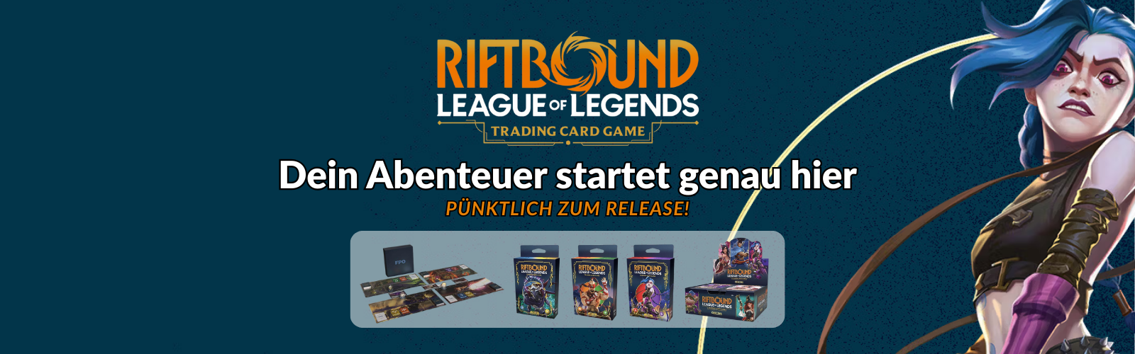 „Riftbound League of Legends TCG Banner mit Jinx Artwork, Champion Decks und Spielfeld – offizielles Bild zur Origins-Serie des Sammelkartenspiels.“