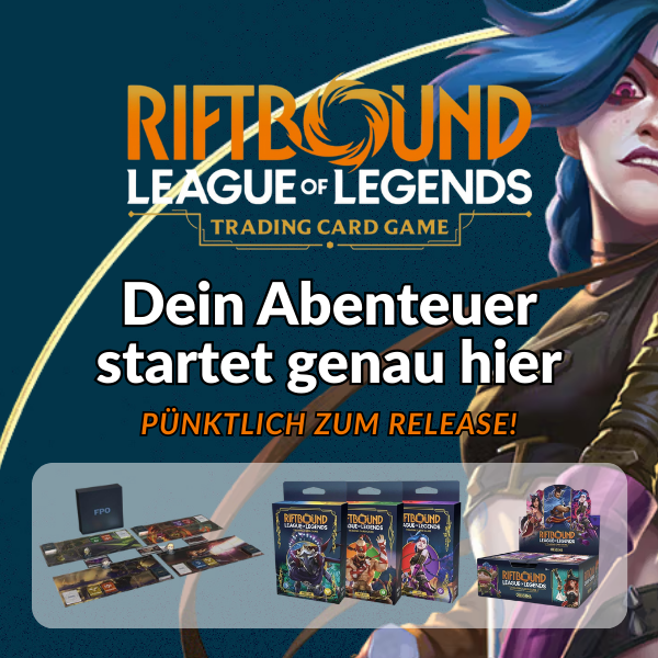 Riftbound League of Legends TCG Banner mit Jinx Artwork, Champion Decks und Spielfeld – offizielles Bild zur Origins-Serie des Sammelkartenspiels.