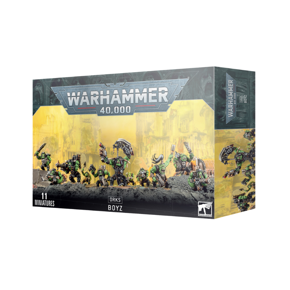 Warhammer 40.000 Ork Boyz Box mit 11 Ork Miniaturen und verschiedenen Waffen